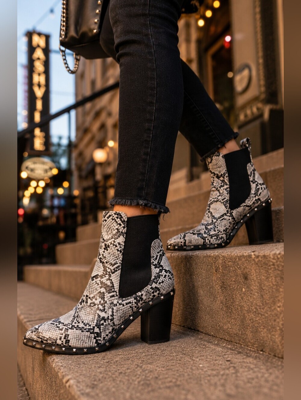 Katlui Snake Print Studded Chelsea Ankle Boots Size 40 Block Heel